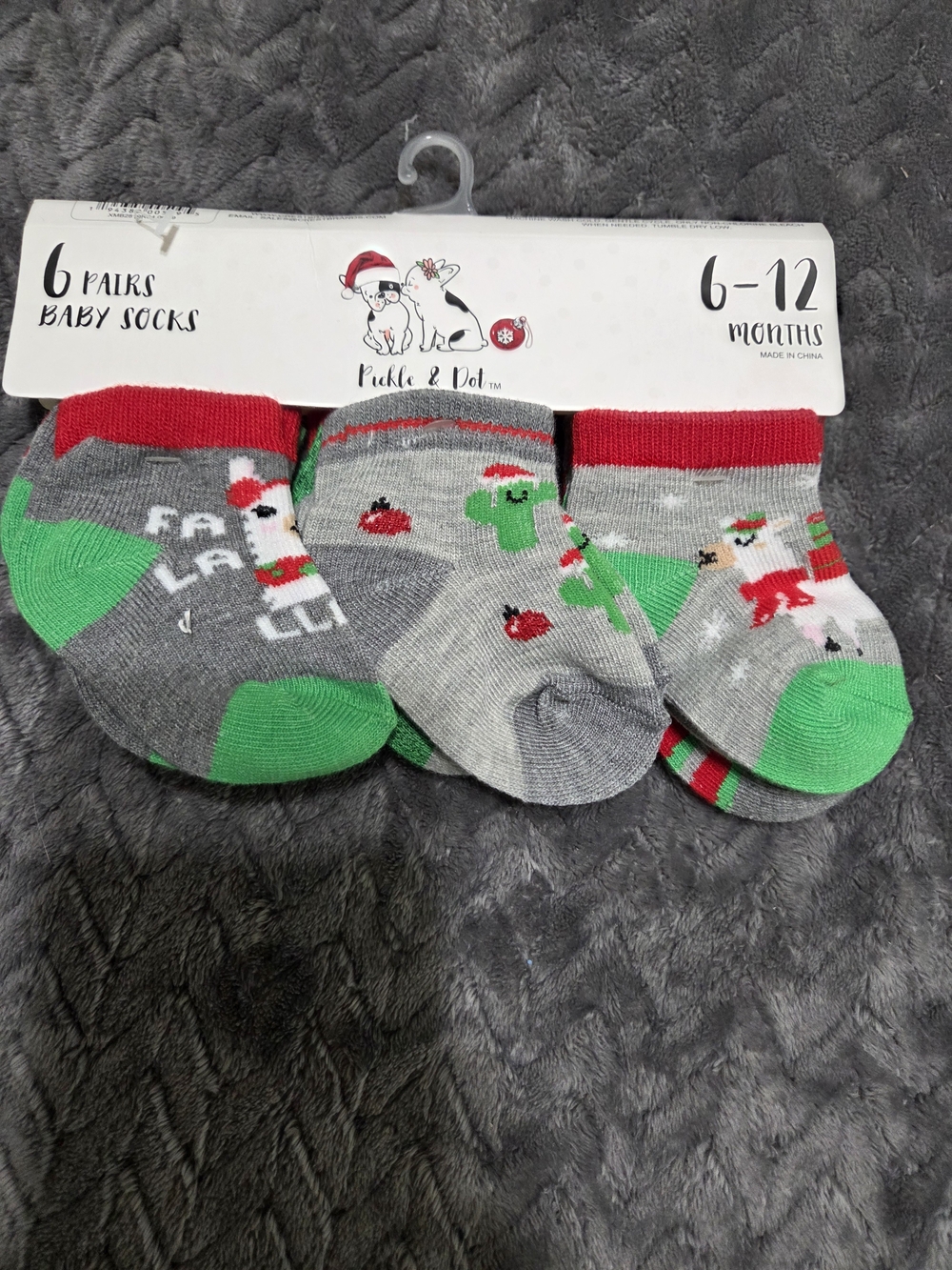 Baby Socks - Gray, Green & Red Holiday 6-Pack (6-12 Months)